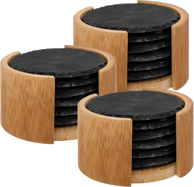 Secret de Gourmet Onderzetters voor glazen in rekje - 18x - antraciet - leisteen - 10 cm