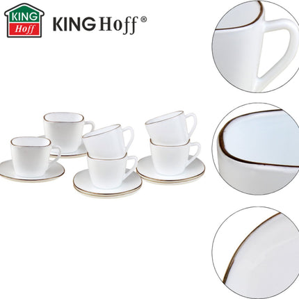 KingHoff Vierkante Kop en Schotel Set 12-delig - Wit Opaalglazen Koffiekopjes met Gouden Rand - 220 ml - Modern Design - Koffieset Schotelset
