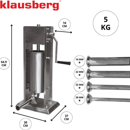 Klausberg Worstenvuller 5 kg - RVS - Verticaal Model KB-7930 - Professioneel voor Thuisgebruik - Incl. 4 Trechters - Handmatig