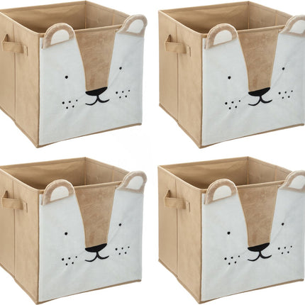 Atmosphera Opbergmand/kastmand leeuw - 4x - voor kinderen - karton/kunststof - bruin - 30 x 30 cm
