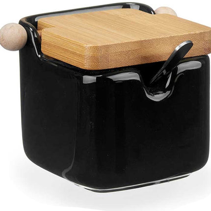 Kinvara Suikerpot met deksel - zwart - 190 ml - porselein - bamboe - 7,5 x 11 x 7,5 cm