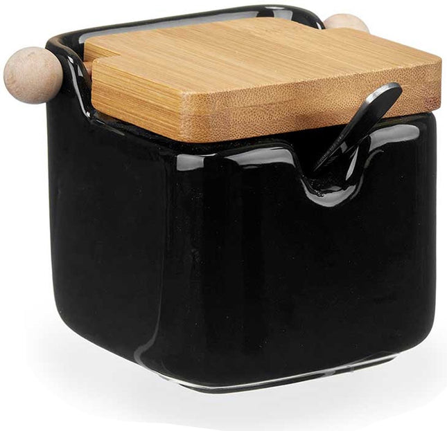 Kinvara Suikerpot met deksel - zwart - 190 ml - porselein - bamboe - 7,5 x 11 x 7,5 cm