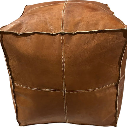 Vierkante leren poef cognac bruin 50x45x45 cm - Handmade