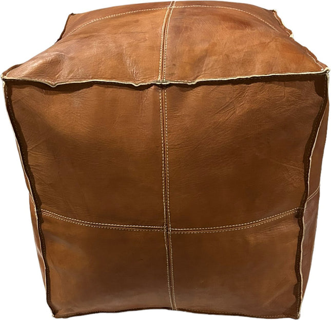 Vierkante leren poef cognac bruin 50x45x45 cm - Handmade