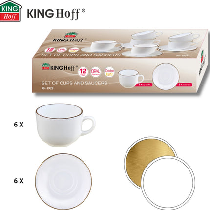 KingHoff Kop en Schotel Set 12-delig - Wit Opaalglazen Koffiekopjes met Gouden Rand - 210 ml - Set voor 6 Personen