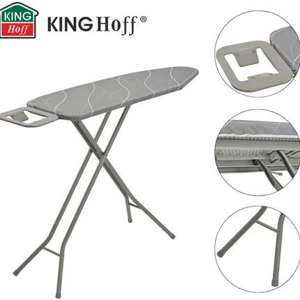 KINGHOFF KH-1939 Strijkplank – 114×35,5 cm – 7-hoogtes verstelbaar – Met Strijkijzerhouder – Grijs