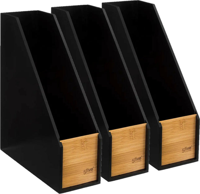5Five lectuurbak/tijdschriftcassette - 3x - zwart - B9 x D25 x H30 cm - hout