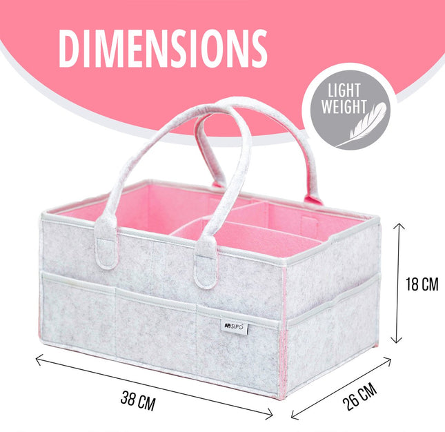 SIPO Luier Organizer Tas - Opbergmand voor Baby Accessoires - Grijze Felt Caddy met Handvat - 3 Vakken + 8 Zakken - Grijs / Roze - Commode Tas - Commode Organizer