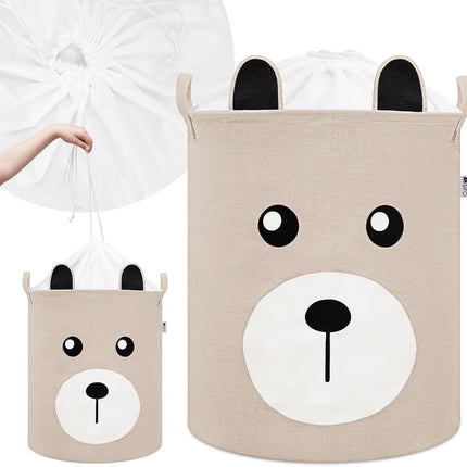 Beige Speelgoedopbergmand met Teddy Beer Gezicht - Katoenen Opbergbox - Kinderwasmand met Trekkoord - 43 Liter - 35x35x45 cm - Speelgoedmand - Sipo