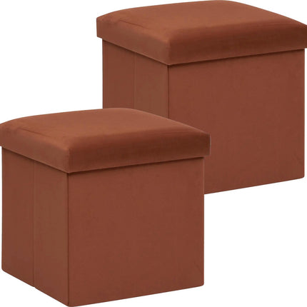 Atmosphera Poef/krukje/hocker Amber - 2x - Opvouwbare zit opslag box - fluweel roest bruin - D38 x H38 cm - MDF/polyester