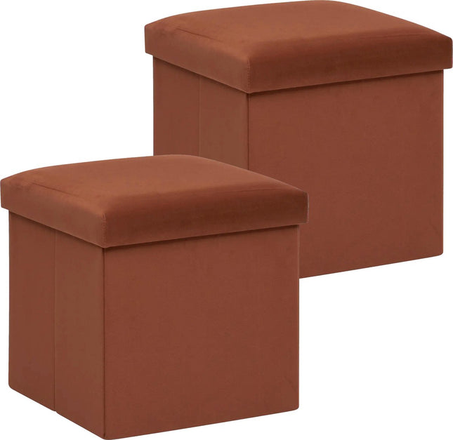 Atmosphera Poef/krukje/hocker Amber - 2x - Opvouwbare zit opslag box - fluweel roest bruin - D38 x H38 cm - MDF/polyester