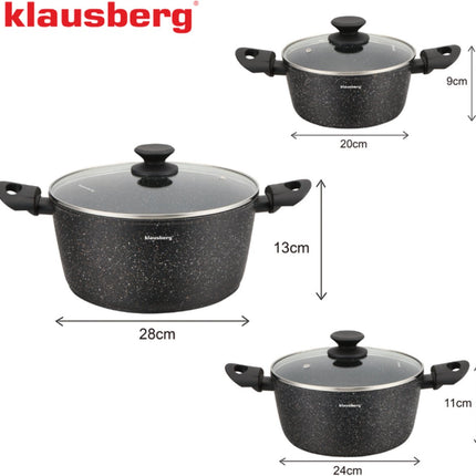 Klausberg KB-7960 Kookpottenset – 3-delig – Marmer Antiaanbak – Inductie Geschikt – 20/24/28 cm – Inclusief Glazen Deksel
