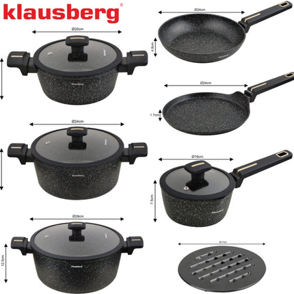 Klausberg Pannen Set 12 Delig - Zwarte Marmer Anti-Aanbaklaag - Geschikt voor Inductie - Inclusief Pannen en Deksels - KB-7966 - Pannenset - Kookset -