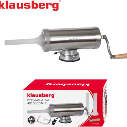 Klausberg Worstvuller Horizontal - Vleesvuller - 2,5 kg Capaciteit - RVS - Met Zuignap en 3 Spuitmonden - KB-7925