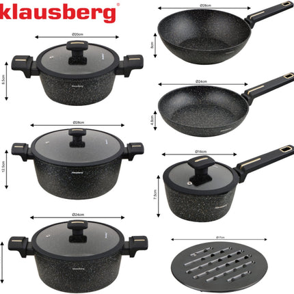 Klausberg KB-7968 Pannenset | 12-Delig | Marmer Anti-aanbaklaag | Inclusief Wok Pan | Geschikt voor Inductie | Pannen set | Glazen dekels