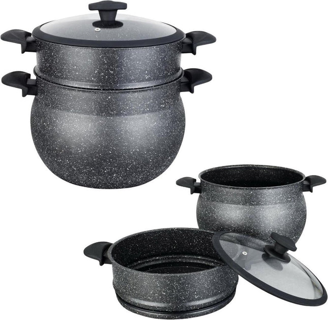 Royal Swiss Couscouspan - Couscoussier - Stoompan - 4L - Alle warmtebronnen - Aluminium stone-coated - Glazen Deksel - ZWART