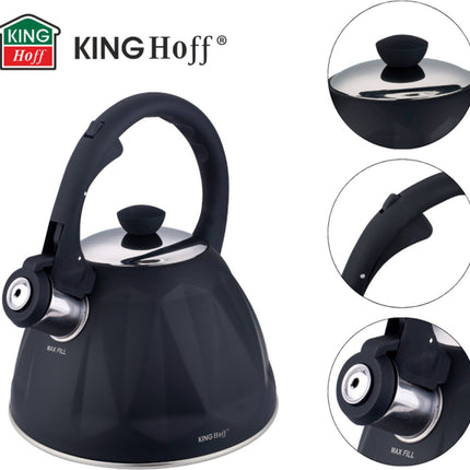 KINGHoff Fluitketel 2 Liter – RVS – Inductie Geschikt – Matte Zwarte Diamantstructuur – Soft-Touch Handgreep – KH-1997