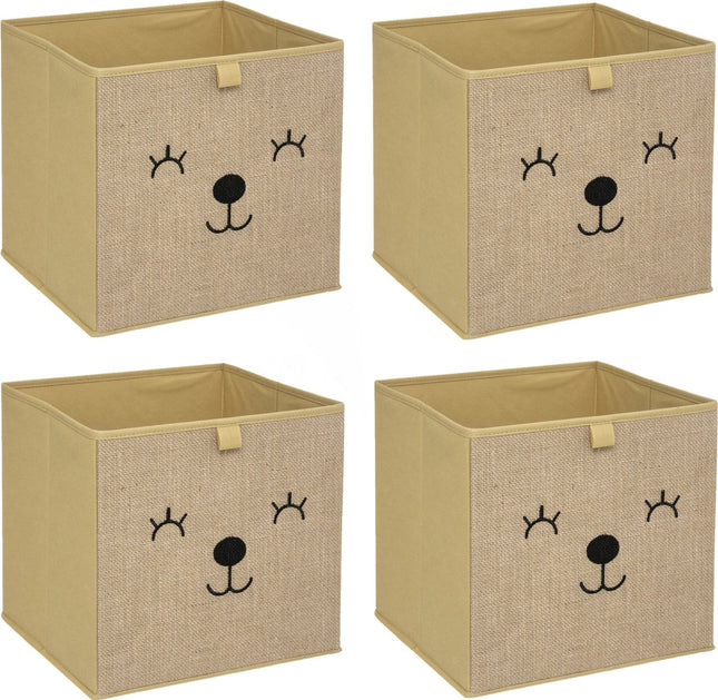 Atmosphera Opbergmand/kastmand beer - 4x - voor kinderen - karton/kunststof - bruin - 30 x 30 cm