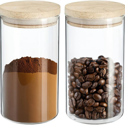 2x stuks voorraadbussen/voorraadpotten 1L glas met houten deksel - 1000 ml - Voorraadpotten met luchtdichte deksel