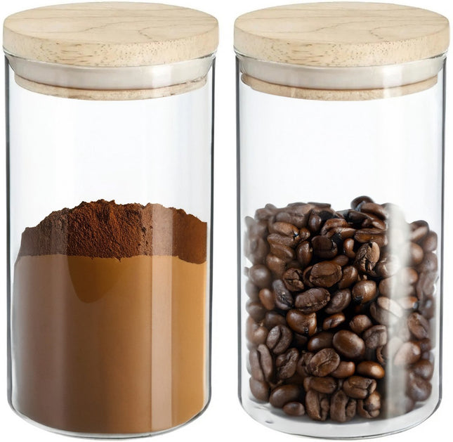 2x stuks voorraadbussen/voorraadpotten 1L glas met houten deksel - 1000 ml - Voorraadpotten met luchtdichte deksel