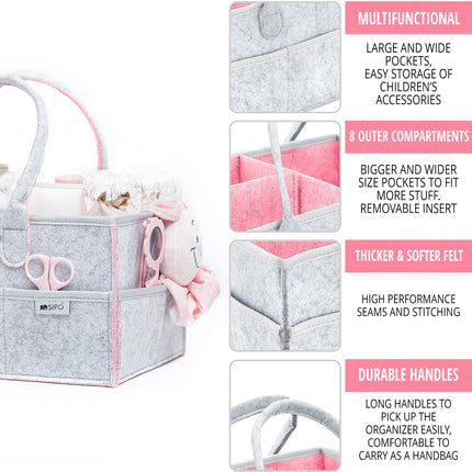 SIPO Luier Organizer Tas - Opbergmand voor Baby Accessoires - Grijze Felt Caddy met Handvat - 3 Vakken + 8 Zakken - Grijs / Roze - Commode Tas - Commode Organizer