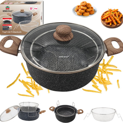 KingHoff KH-1985 4.0 Liter Frituur Pan met Mand - Marmer Non-Stick - Geschikt voor Alle Kookplaten Inclusief Inductie - 24 cm - Frituurpan met Korf - Friteuse