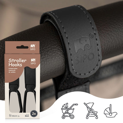 Sipo SCA-12 Universele Wagenhaakjes - Set van 2 Stuks - Eco Leren Ontwerp - Boodschappenhaak - Tot 5 kg Draagvermogen - Karabijnhaak - Tassendrager - Kinderwagen -