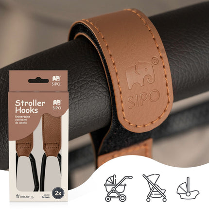 Sipo SCA-11 Universele Wagenhaakjes - Set van 2 Stuks - Bruin Eco Leren Design - Maximaal 5 kg Draagkracht - Kinderwagen Boodschappenhaak -
