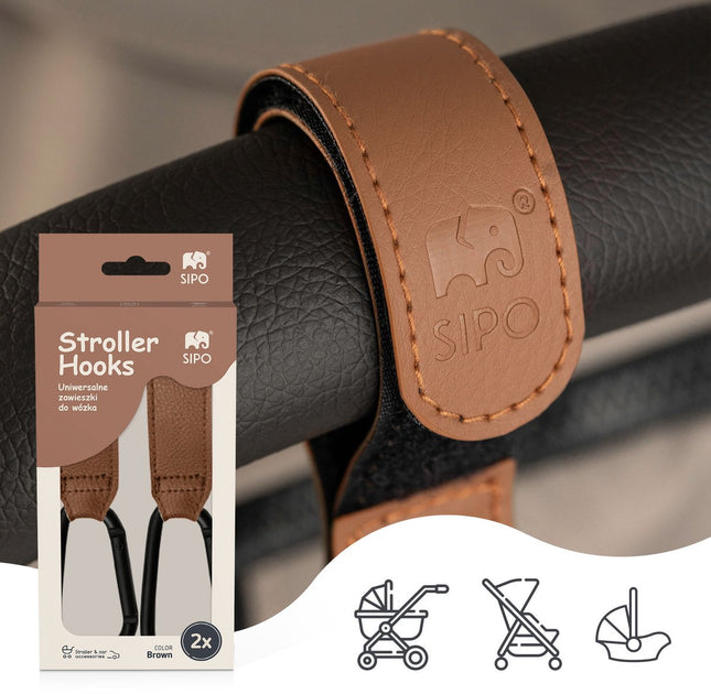 Sipo SCA-11 Universele Wagenhaakjes - Set van 2 Stuks - Bruin Eco Leren Design - Maximaal 5 kg Draagkracht - Kinderwagen Boodschappenhaak -