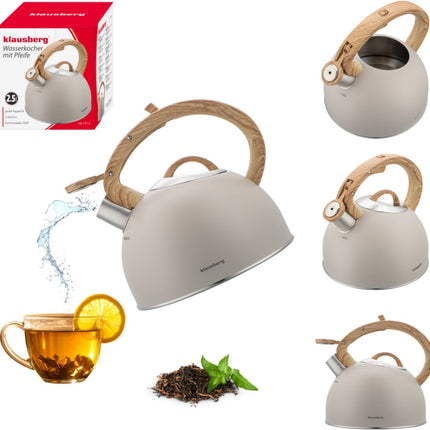 Klausberg 7913 - Fluitketel met fluit - 2.5 liter - RVS - beige