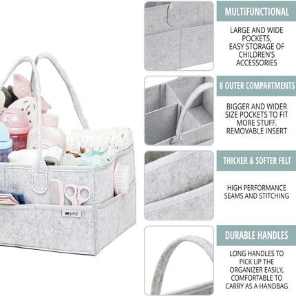 SIPO Luier Organizer Tas - Opbergmand voor Baby Accessoires - Grijze Felt Caddy met Handvat - 3 Vakken + 8 Zakken - Grijs - Commode Tas - Commode Organizer