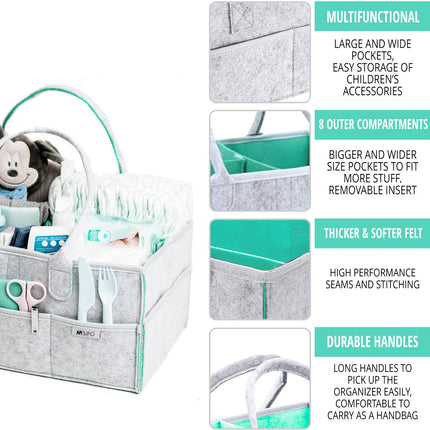 SIPO Luier Organizer Tas - Opbergmand voor Baby Accessoires - Grijze Felt Caddy met Handvat - 3 Vakken + 8 Zakken - Grijs / Mint - Commode Tas - Commode Organizer