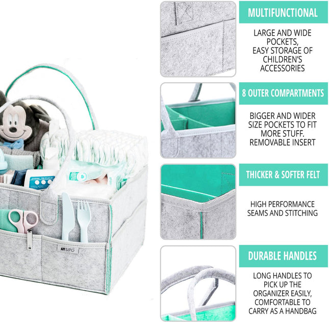 SIPO Luier Organizer Tas - Opbergmand voor Baby Accessoires - Grijze Felt Caddy met Handvat - 3 Vakken + 8 Zakken - Grijs / Mint - Commode Tas - Commode Organizer