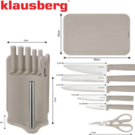 Klausberg KB-7978 8 Delig Keukenset - Messenset met Snijplank en Papierrolhouder - Beige Roestvrij Staal