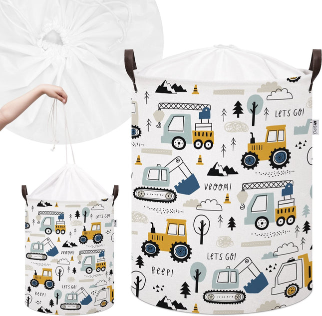 Graafmachine Speelgoedopbergmand - Katoenen Opbergbox met Trekkoord - Constructie Voertuigen Print - 43 Liter - 35x35x45 cm - Sipo - Kledingmand - Wasmand - Takelwagen