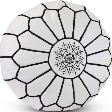 | Marokkaanse Leren Poef | Wit/Zwart | 50 Ø | H 30 cm | Handgemaakt | Gevuld geleverd |