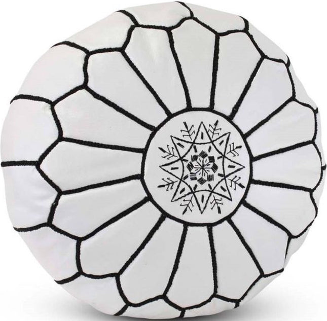 | Marokkaanse Leren Poef | Wit/Zwart | 50 Ø | H 30 cm | Handgemaakt | Gevuld geleverd |