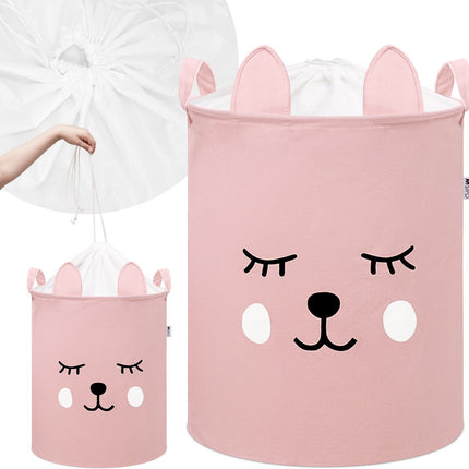 Roze Speelgoedopbergmand met Teddy Beer Gezicht - Katoenen Opbergbox met Trekkoord - Kinderwasmand - 43 Liter - 35x35x45 cm - Sipo - Speelgoedmand
