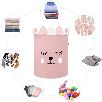 Roze Speelgoedopbergmand met Teddy Beer Gezicht - Katoenen Opbergbox met Trekkoord - Kinderwasmand - 43 Liter - 35x35x45 cm - Sipo - Speelgoedmand