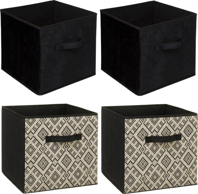 Set van 4x stuks opbergmanden/kastmanden 29 liter zwart/creme polyester 31 x 31 x 31 cm - Opbergboxen - Vakkenkast manden