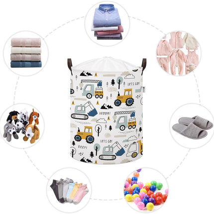 Graafmachine Speelgoedopbergmand - Katoenen Opbergbox met Trekkoord - Constructie Voertuigen Print - 43 Liter - 35x35x45 cm - Sipo - Kledingmand - Wasmand - Takelwagen