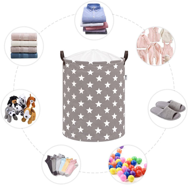 Grijze Speelgoedopbergmand met Sterren - Katoenen Wasmand voor Kinderen - Opbergbox met Trekkoord - 43 Liter - 35x35x45 cm - Kledingmand - Sipo