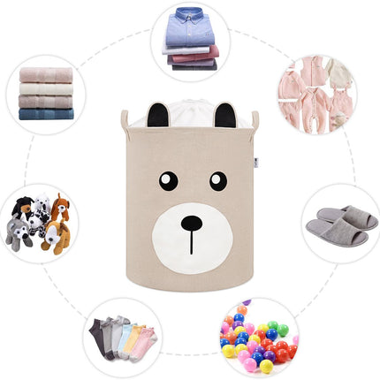 Beige Speelgoedopbergmand met Teddy Beer Gezicht - Katoenen Opbergbox - Kinderwasmand met Trekkoord - 43 Liter - 35x35x45 cm - Speelgoedmand - Sipo