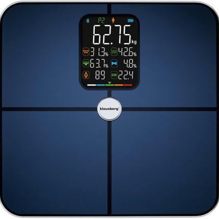 Klausberg KB-7940 Slimme Personenweegschaal – BIA Lichaamsanalyse – Bluetooth App – 180 kg – Donkerblauw – Vet%, Spiermassa, Hydratatie, BMI