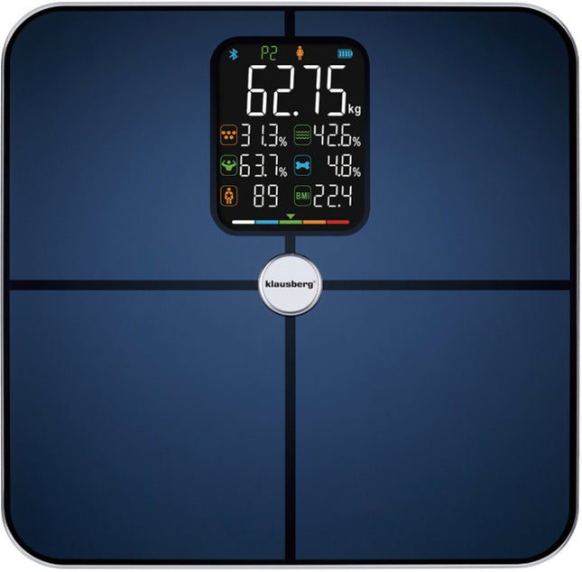 Klausberg KB-7940 Slimme Personenweegschaal – BIA Lichaamsanalyse – Bluetooth App – 180 kg – Donkerblauw – Vet%, Spiermassa, Hydratatie, BMI