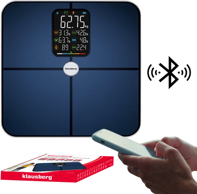 Klausberg KB-7940 Slimme Personenweegschaal – BIA Lichaamsanalyse – Bluetooth App – 180 kg – Donkerblauw – Vet%, Spiermassa, Hydratatie, BMI