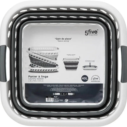 5Five Wasmand opvouwbaar met handvatten - 2x - kunststof - 40L - grijs/wit - 48 x 34 x 49 cm