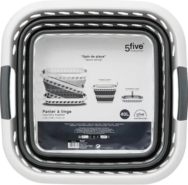 5Five Wasmand opvouwbaar met handvatten - 2x - kunststof - 40L - grijs/wit - 48 x 34 x 49 cm