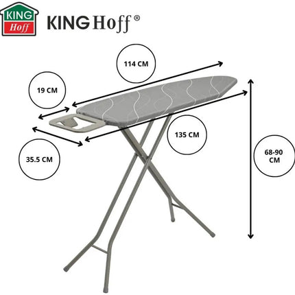 KINGHOFF KH-1939 Strijkplank – 114×35,5 cm – 7-hoogtes verstelbaar – Met Strijkijzerhouder – Grijs