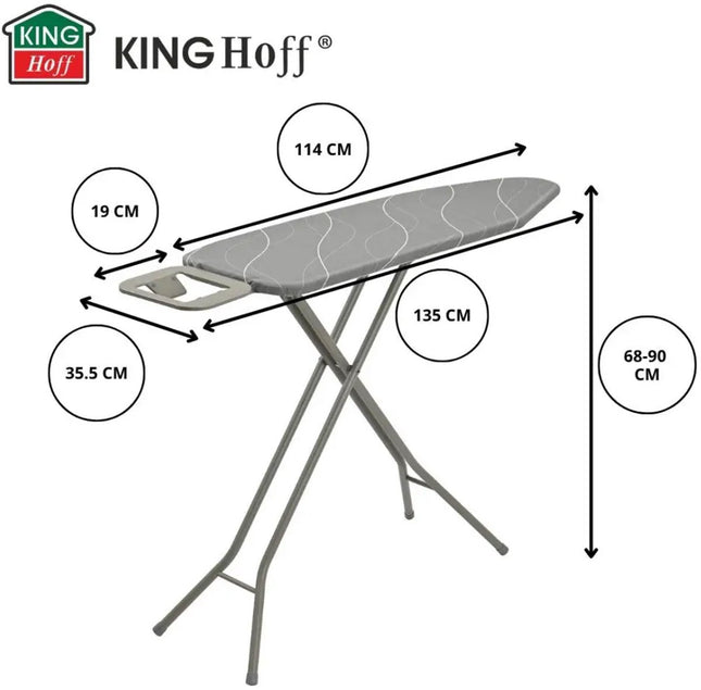 KINGHOFF KH-1939 Strijkplank – 114×35,5 cm – 7-hoogtes verstelbaar – Met Strijkijzerhouder – Grijs